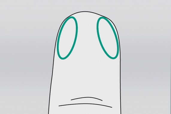 Puncture at the fingertip, slightly off-center as circled in green