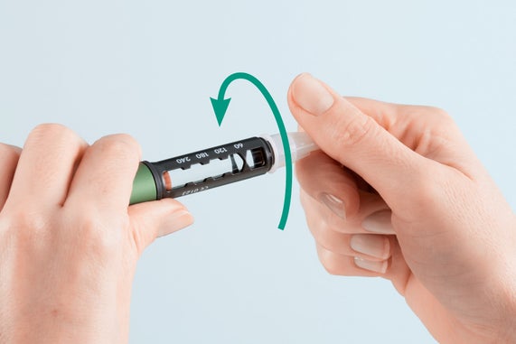 Needle handling - place the whole container with the needle inside onto your injection device